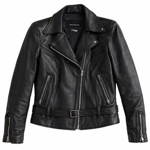 Steer‎ Brand Black Leather Moto Jacket Belted Zip Front Size 14 USA